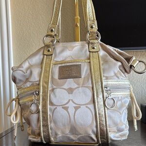 Coach Poppy Signature Glam Tote
- Gold Metallic Trim + Pink Satin
Interior
